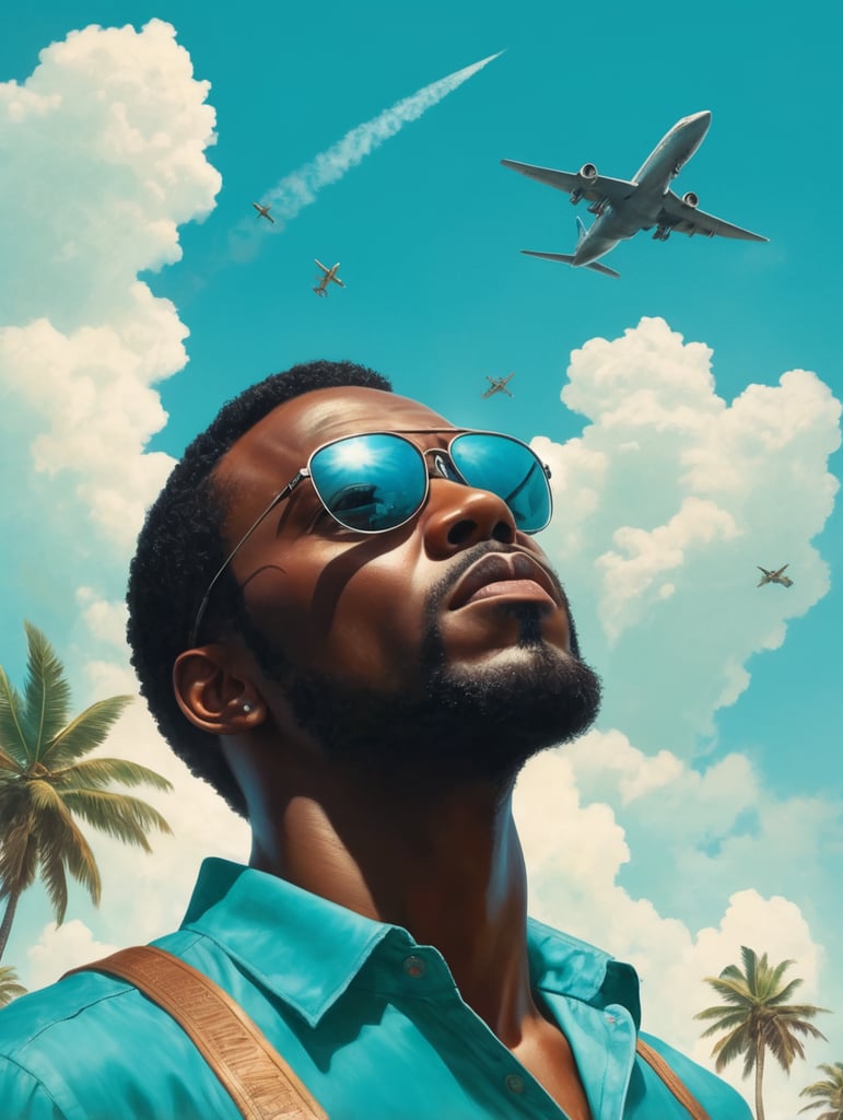 a black man raised his head up, looks at the sky, sunglasses, one airplane flies in a clear sky and leaves a mark, summer, turquoise shades, style of Richard Corben