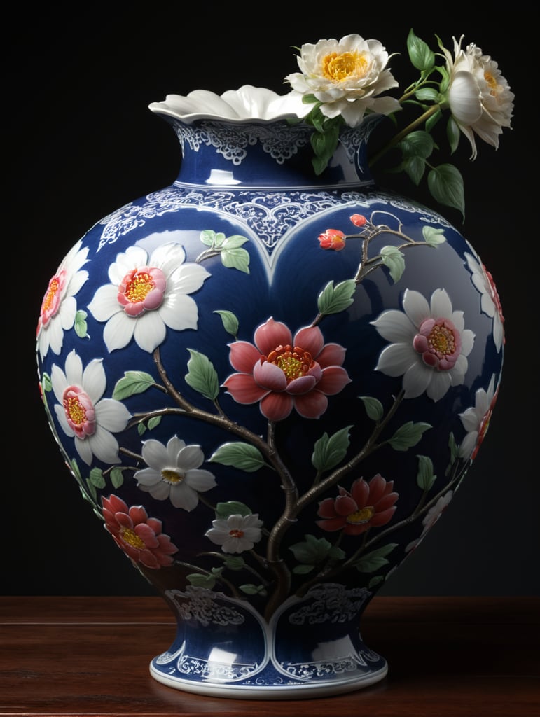 Chinese porcelain heart vase, with flower