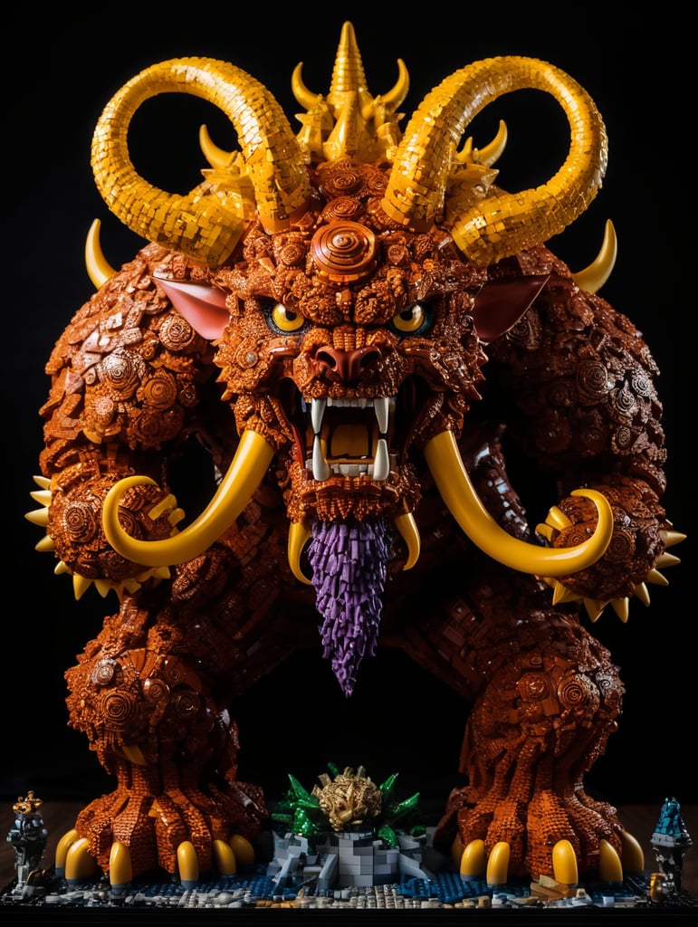 Une grande figurine du démon Lovecraftien Azathoth entièrement constitué de pièces de LEGO, fond noir, photo studio