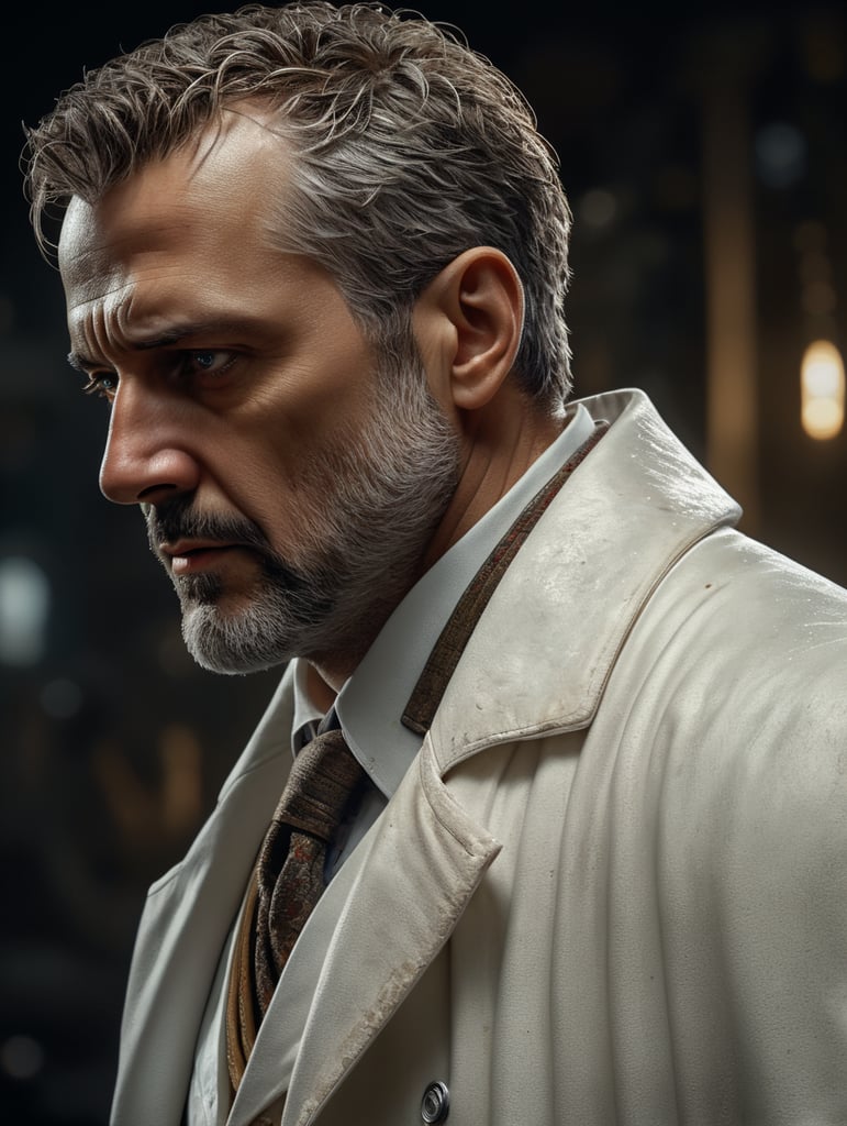 a doctor, thoughtful and worried, with his head up and looking up, wearing a dirty white coat, wide and profile view