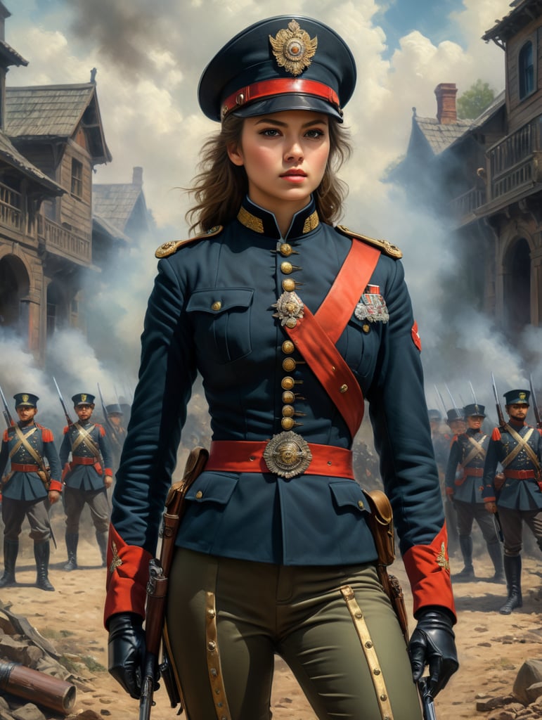 Young woman in Ungarish soldier uniform 19th century and pants