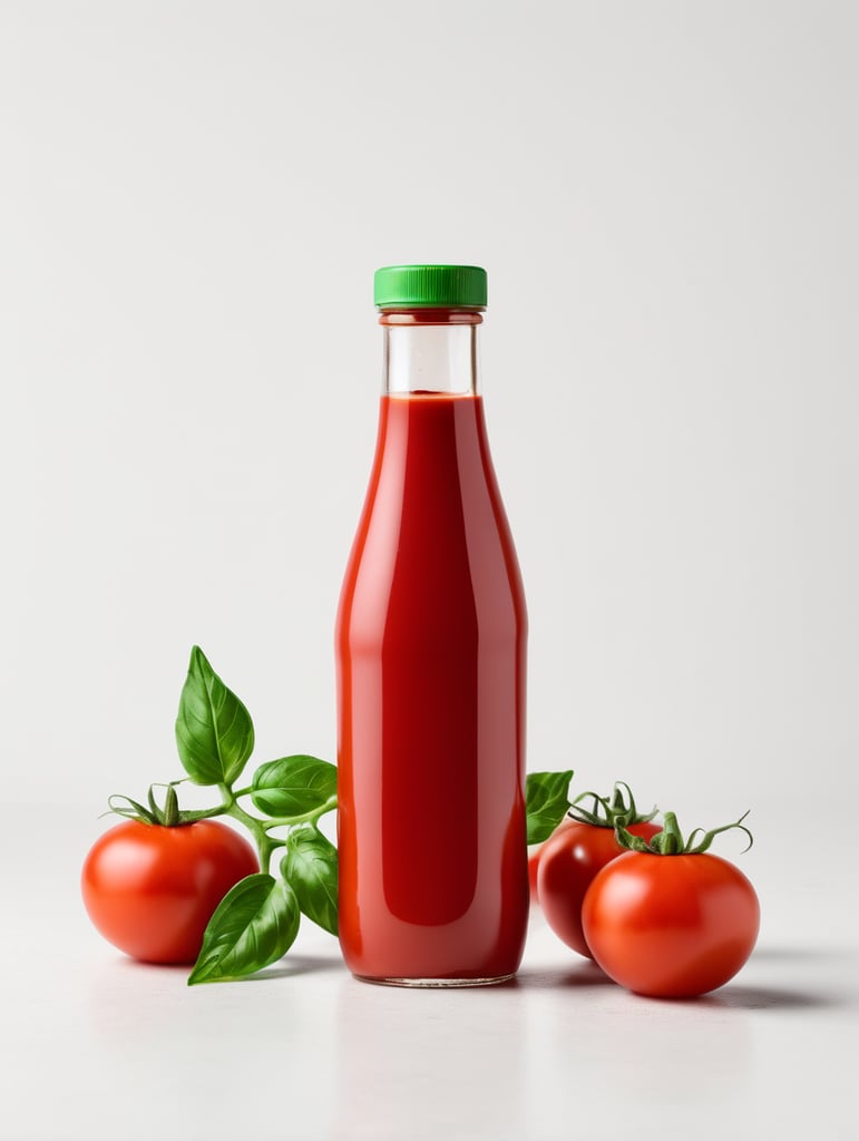 tomato ketchup bottle, red tomato with green leaves, isolated, white background, mockup