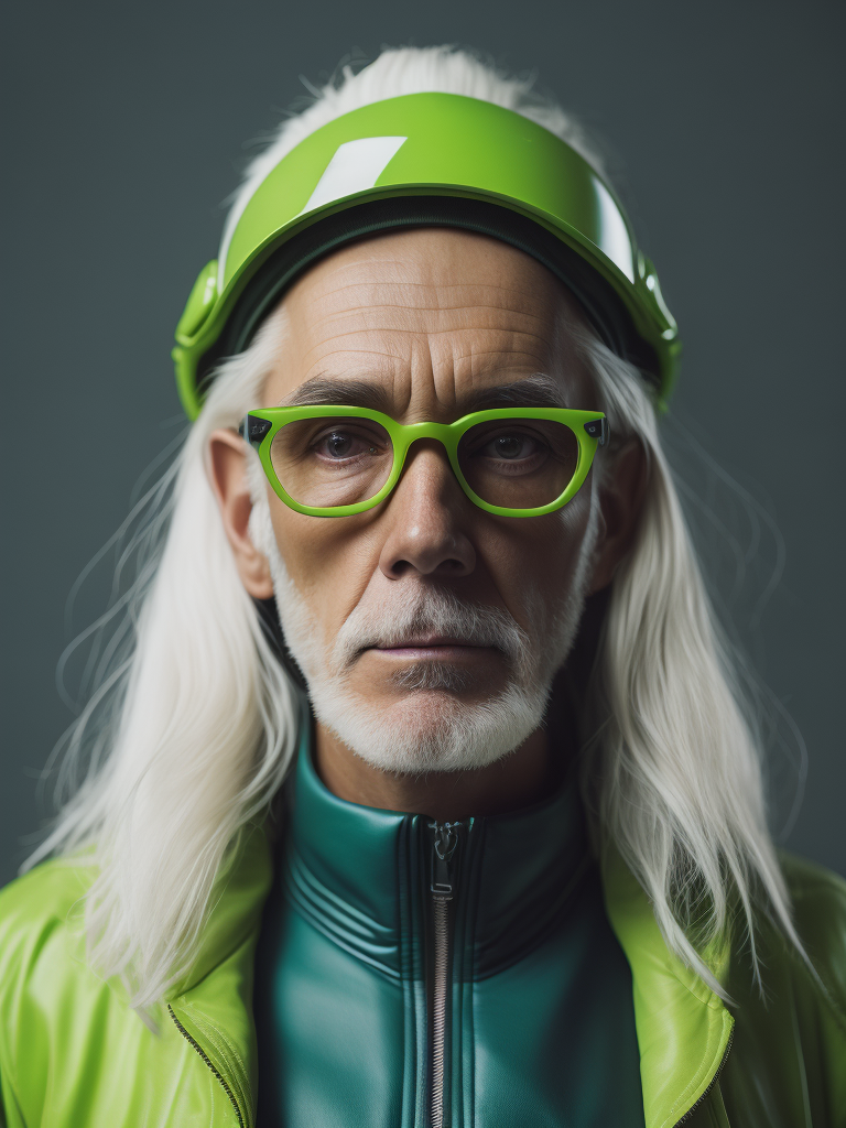 a gnome from fairytale supermodel 76 years old wearing a neon green helmet dressed in athletic clothing and glasses, in the style of futuristic glam, retro futurism, neon green clothing, glasses without color, clear glass, long white hair, teal background, mike campau, anton fadeev, high gloss, mono-ha