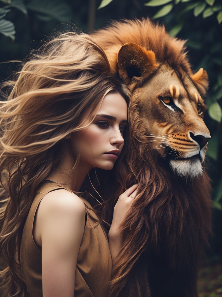 close-up, Photo of a (((wild lion))) and a (((beautiful girl))) embracing him, long gorgeous hair, looking into the camera, expressive piercing gaze, detailed face, photorealistic, sunlight through the foliage, concept art, digital photography, complex, elegant, highly detailed, highly detailed face, Photography, unreal engine, octane render, perfect composition, hyperrealistic, super detailed, highly detailed texture of clothing, full-length, digital photo, unreal engine, blender art by Oleg Oprisco, By Flora Borthy,cinematic, high quality photo art, professional art photography