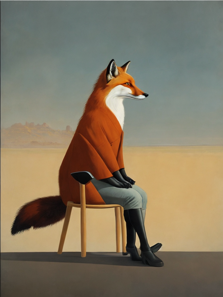 fox sitting on a chair looking to the horizon, illustration, painting, china, style of Liu Ye