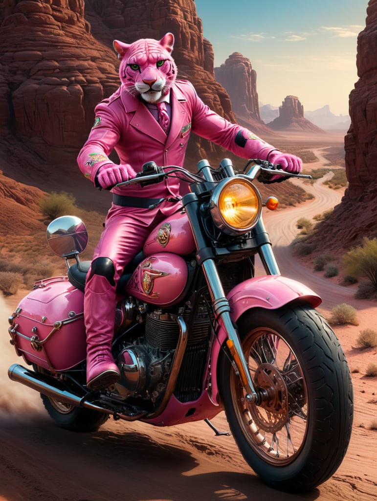 pantera color de rosa andando de moto, el fondo es una carretera desertica