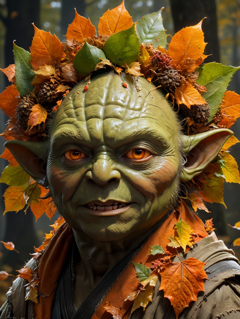 master yoda with autumn leaves in his hair, orange color hairs, looking happy and positive