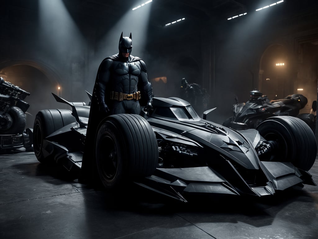 batman standing on batmobile