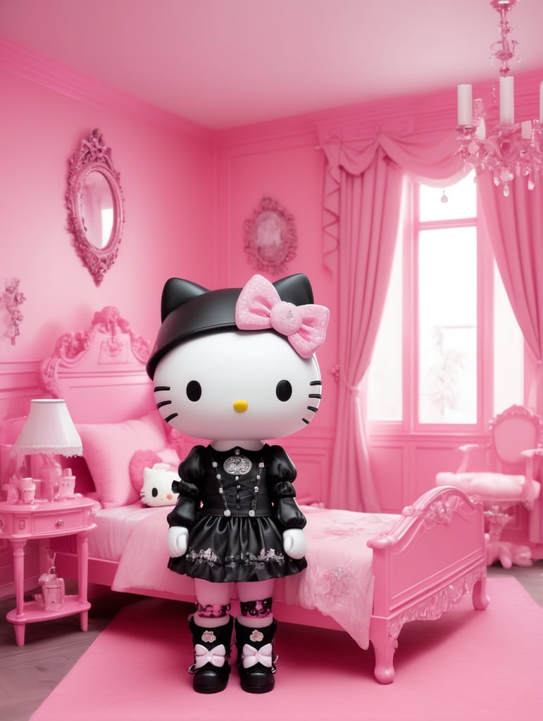 hello kitty as a Goth in the pink room