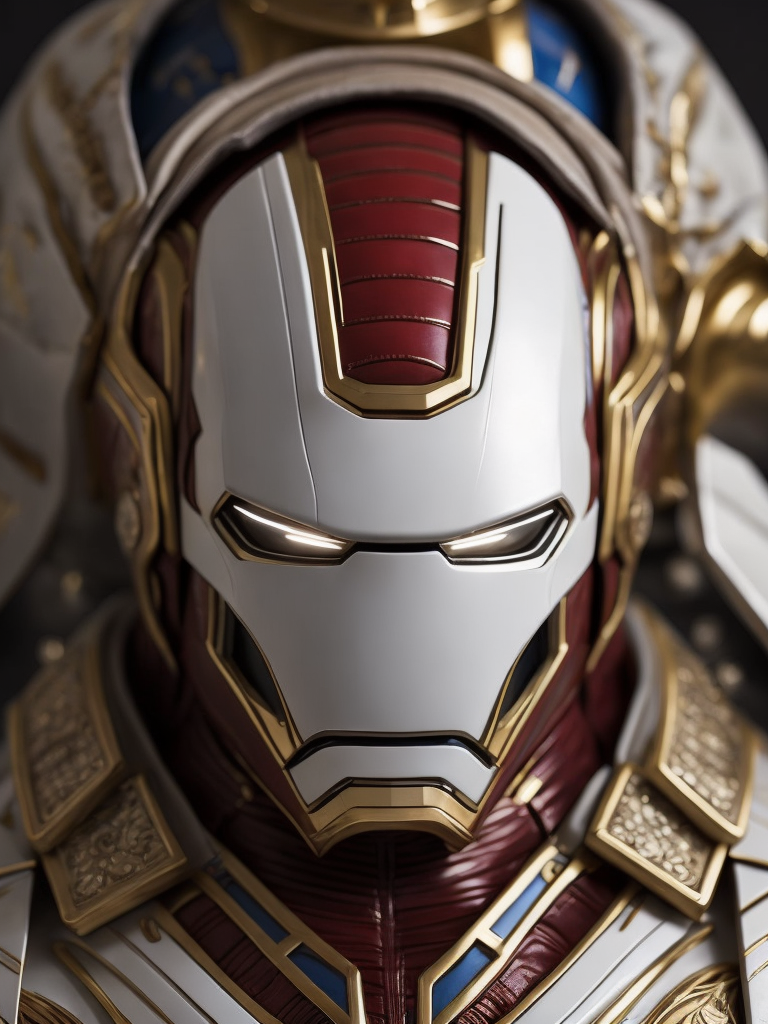 Marvel Ironman made of azulejo's white, red and blue, gold details, rococo style, sculpture statue porcelain white and gold marble, Intricate detail, Middle shot portrait, ultra high details, large eyes, Cinematic lighting, ultra high definition, art station, Smooth, sharp focus, Photorealism, Photography, Realistic Detail, Depth of field, 8k, Full HD, 3d, Super resolution, octane render, Long exposure, unreal engine.