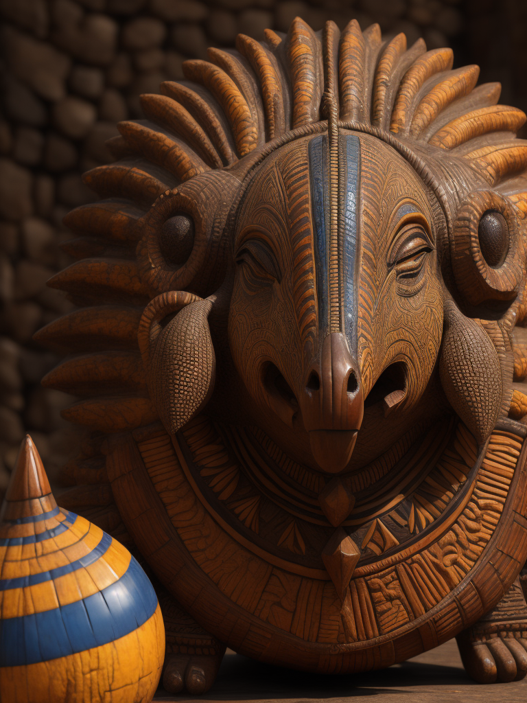 ilustración fullcolor de artesanía precolombina colombiana tallada en madera que parece un armadillo junto con un mar de maracas de madera