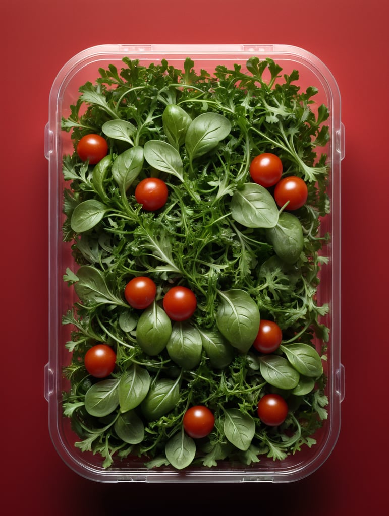 blank Transparent Plastic Container with Arugula Salad, isolated, red background, Mockup, mock up