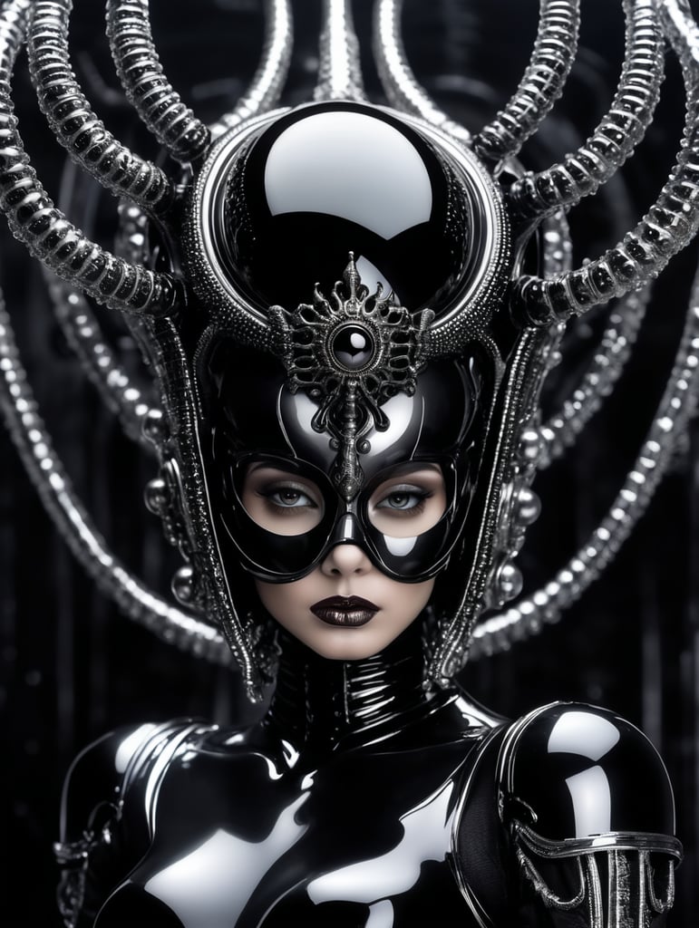 h.r. giger humanoid octoupus king-queen with crown futuristic glass black suit elegant scene futuristic glass design glass melting mask spider tiny eyes in crown mask -traslucent half mask glass vr and helmet fashion photography, sharp, small spheres floating background, editorial photography art sphere, floating, levitating, modern art, editorial photo, fashion photography