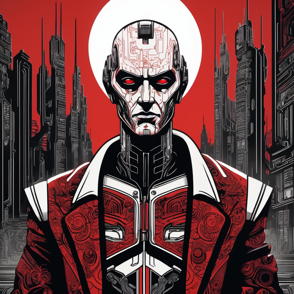 cyberpsychopath, against the background of a dark cyberpunk setting, retro style, linocut, ink printing, in the style of linear art, red black and white, high detail