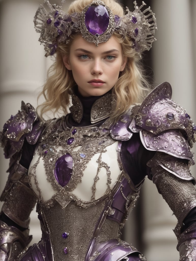 night, stella maxwell knight warrior, 18th century full plate ivory armor, black chainmail, purple gems crystals sapphire ornated, sallet helmet, fullbody, space, marie antoinette, planet