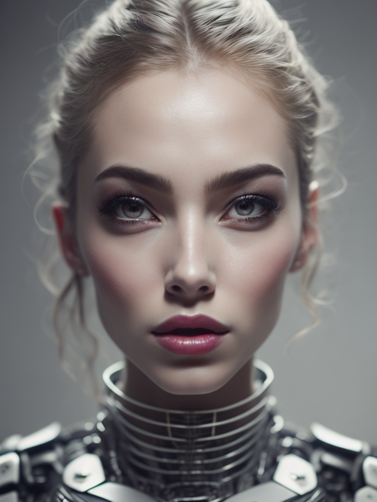 Portrait of a robot girl, enormous lips, transparent neck, porcelain face and head, robotic parts, cyberpunk, cable electric wires, hyperrealistic, fantasy, octane render, intricate, concept art, professional studio lighting