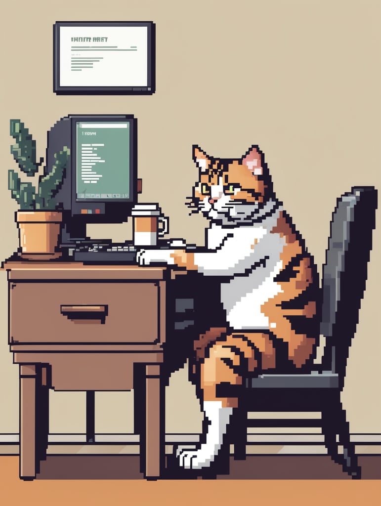 8bit pixel illustration of cat sitting on a chair applying for jobs on a computer with coffee on table ( plain colors)