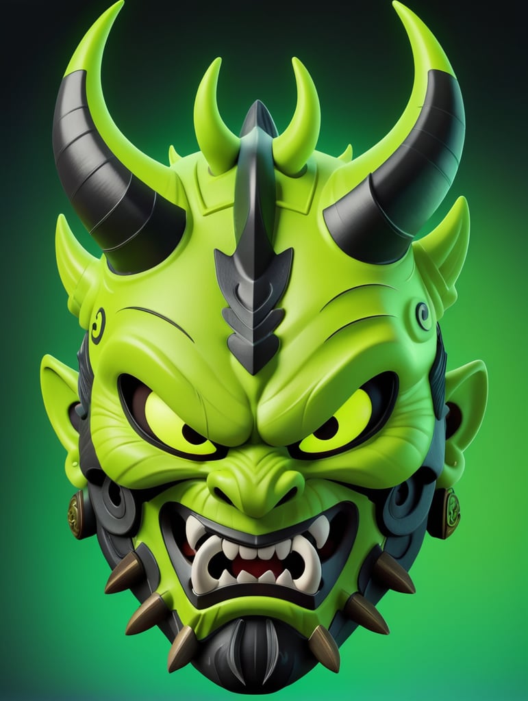 Illustration of a demon mask, demon samurai mask, oni mask, neon green oni mask, samurai mask, samurai, demon samurai, demon samurai warrior, oni horns, cartoon, 3d render, soft shadows, cartoon, pixar, videogame character, neon green and black, close up