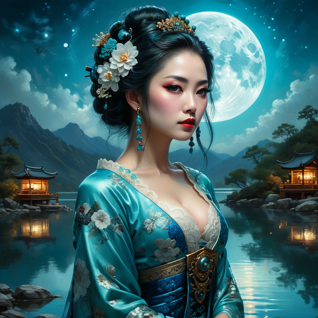 Beautiful Geisha in a blue turquoise and intricate motifs lace dress watching the fullmoon night starry sky by the lake, dark hair, dark fantasy, intricate details, hyper detailed, Jean Baptiste Monge, Carne Griffiths, Michael Garmash, seb McKinnon, masterpiece, sunshine