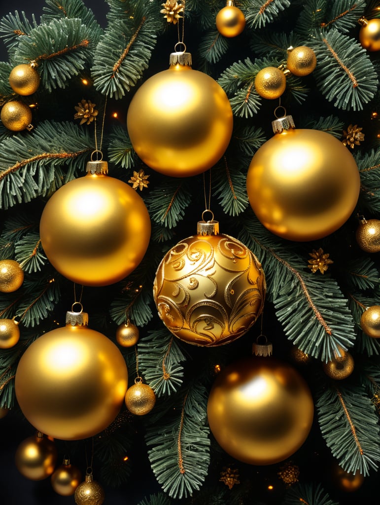 three golden christmas balls and pine leaves alligned horizontaly