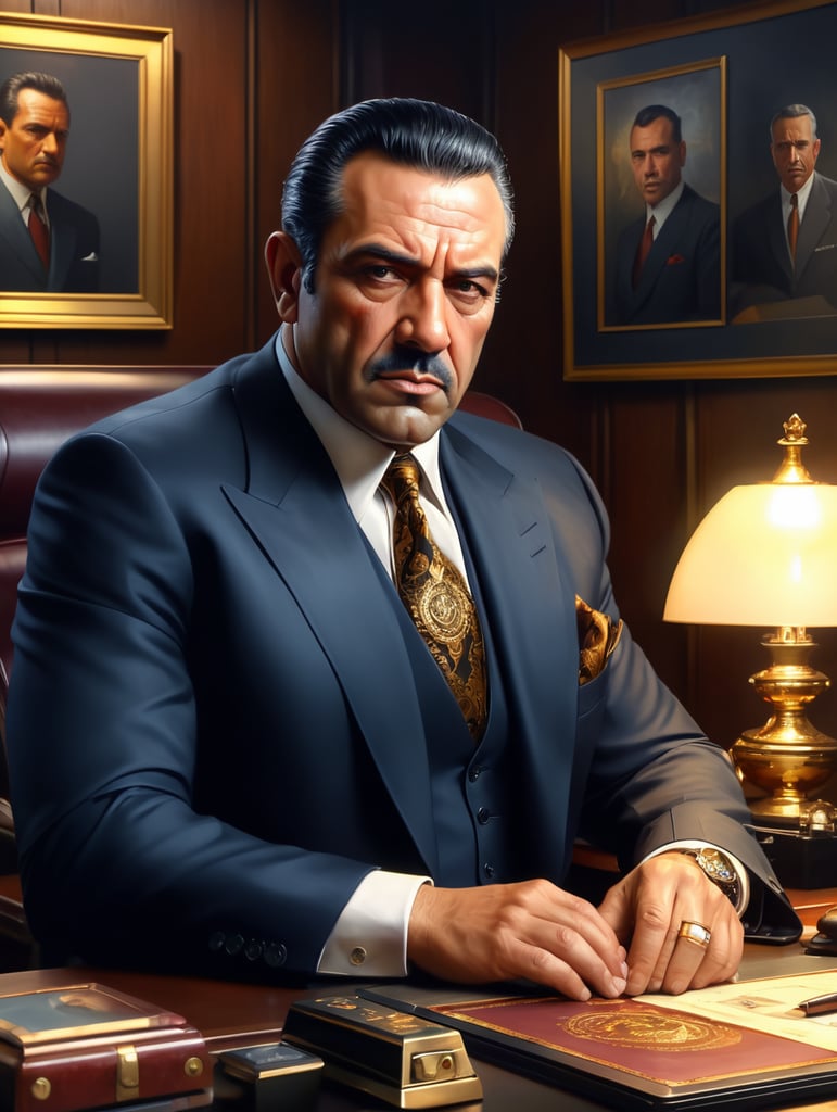 beautiful oil matte portrait painting, mafia boss at his 50s new york office desk, wonderful masterpiece highly detailed, beautiful cinematic light deep focus, elegant, digital painting, smooth, sharp focus, golden ratio, dramatic illumination, ultra realistic, 8k, art by jimmy law