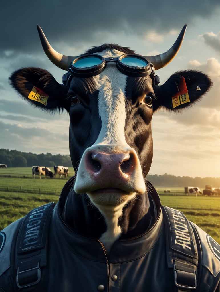 Draw a cow standing upright in a farm field. The cow is wearing an auto racing uniform, and the cow is wearing racing goggles.