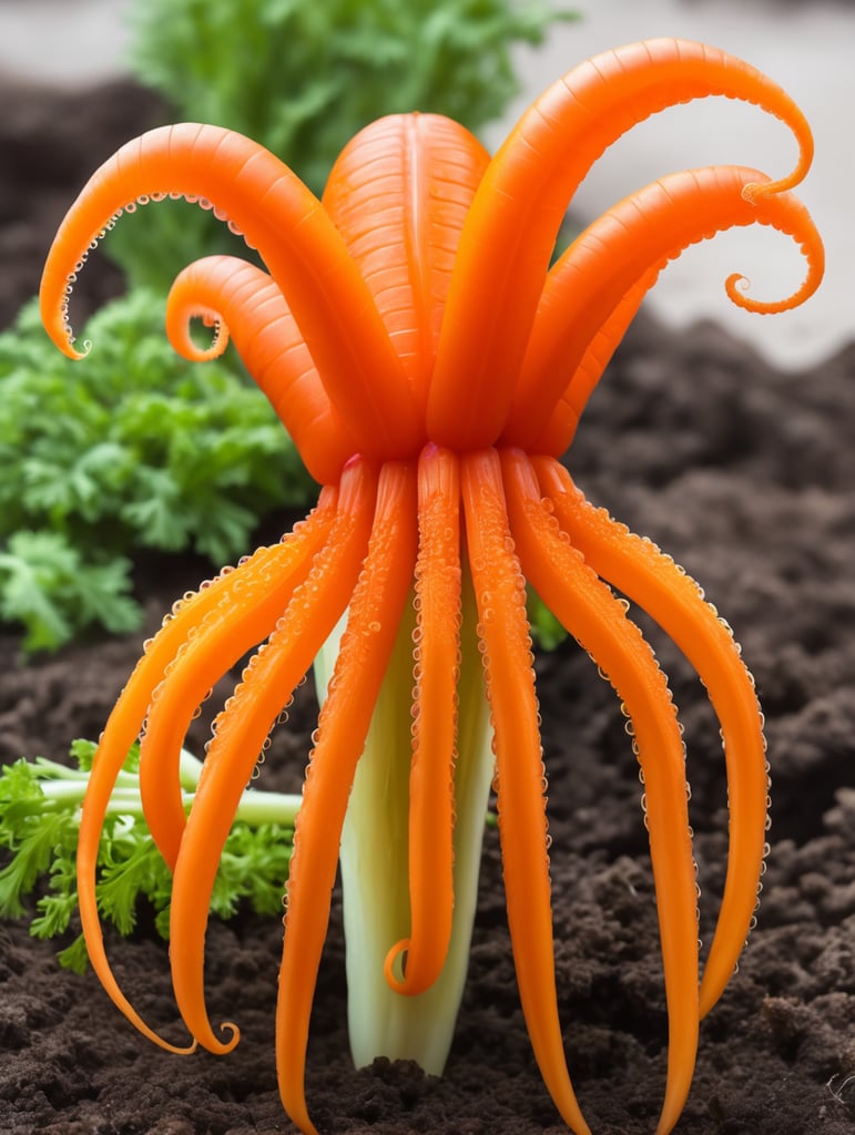 Incredible animal hybrid of a carrot plus a octopus. The tail of the carrot is a octopus.