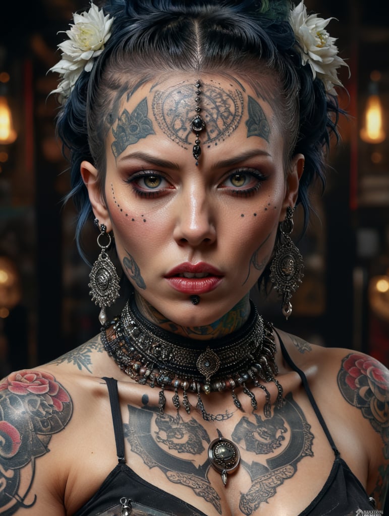 Hyper detailed portrait of a woman with a lot of piercing and tattoo in the face