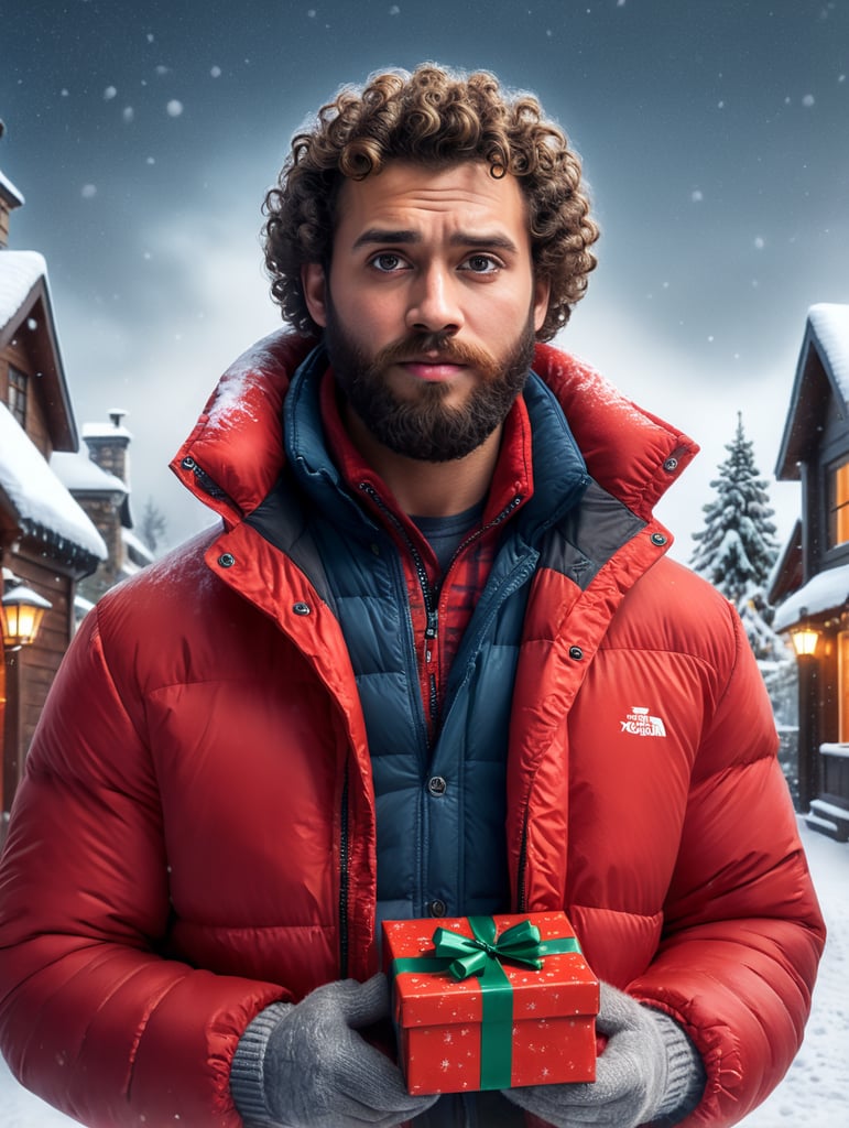 portrait of a bearded curly man wearing red puffer jacket, stands front camera with gift box his hand, snowy weather, Christmas time