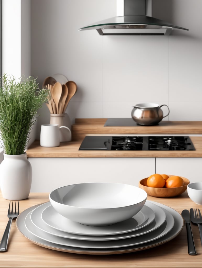 modern kitchen table, empty plate, mockup