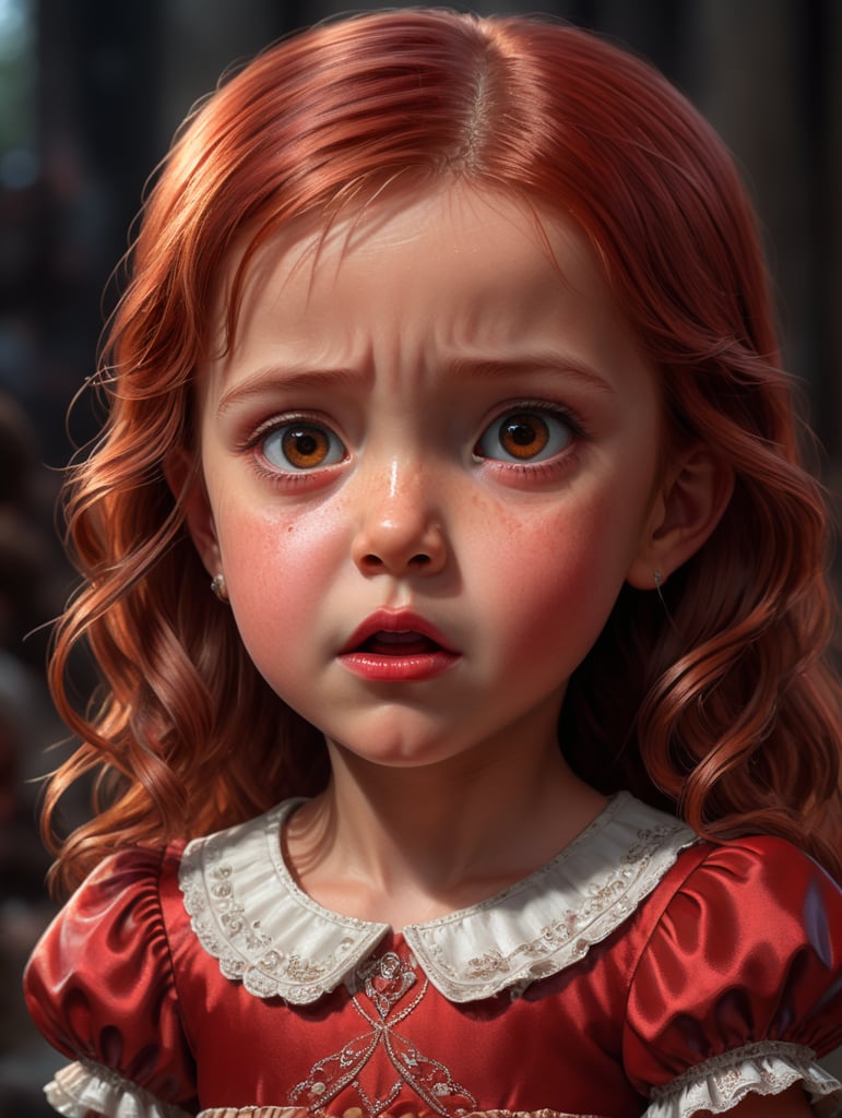 red straight haired little girl cartoon with brown eyes and red dress crying