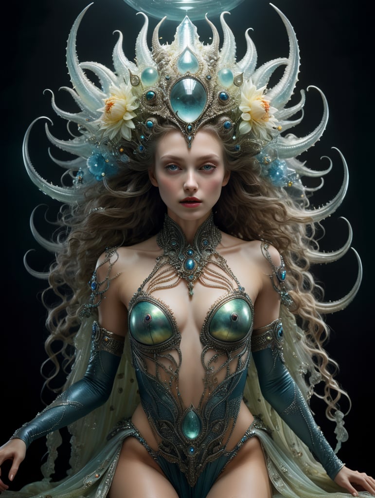 high fashion photography , shot by tim walker, photorealistic , Gorgeous alien princess, hirsute elixir, magic, dream sequence, bizarre natural phenomenon, bioluminescence, vibrant, hyper-realistic photograph, dreamlike figure, etherial levitating figure, higher consciousness, shot with Hasselblad