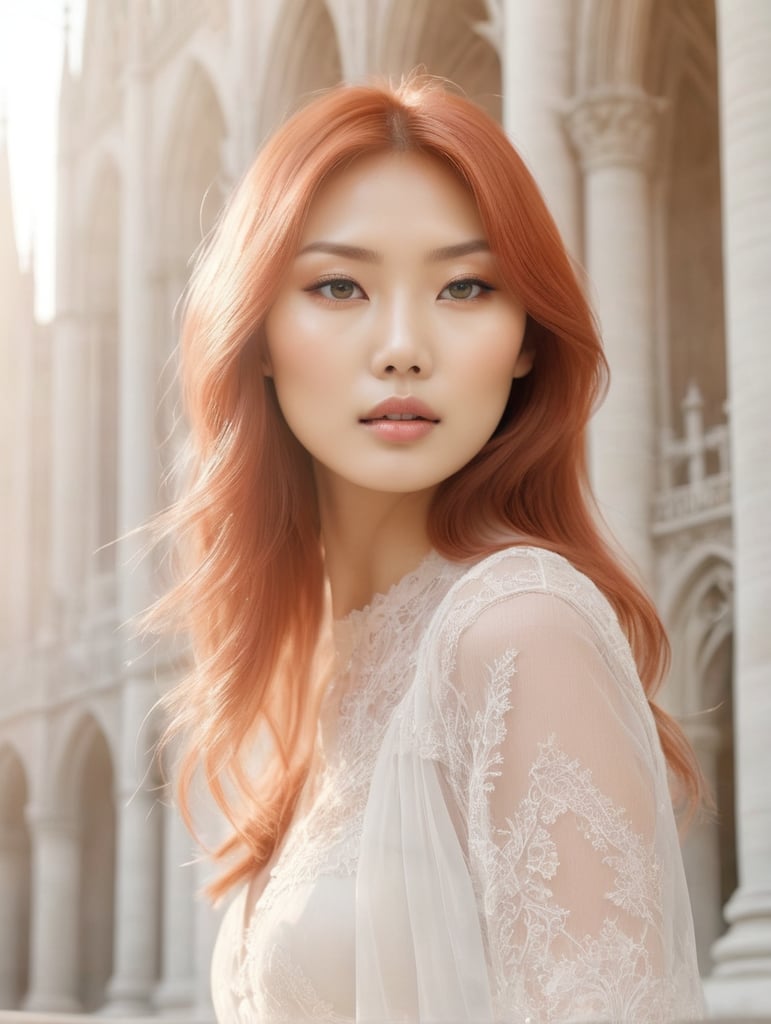 Portrait of beautiful asian fashion model with pale red hair, ethereal dreamy foggy, photoshoot by annie leibovitz, editorial fashion magazine photoshoot, fashion poses, in front of gothic cathedral architecture. kinfolk magazine. film grain. a soft smile