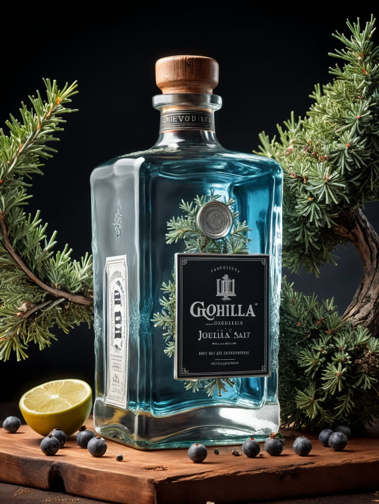 professional photography of a square gin bottle, square bottle, surrounding a juniper and juniper berries, one shot of tequila, salt, no label, clear, mockup