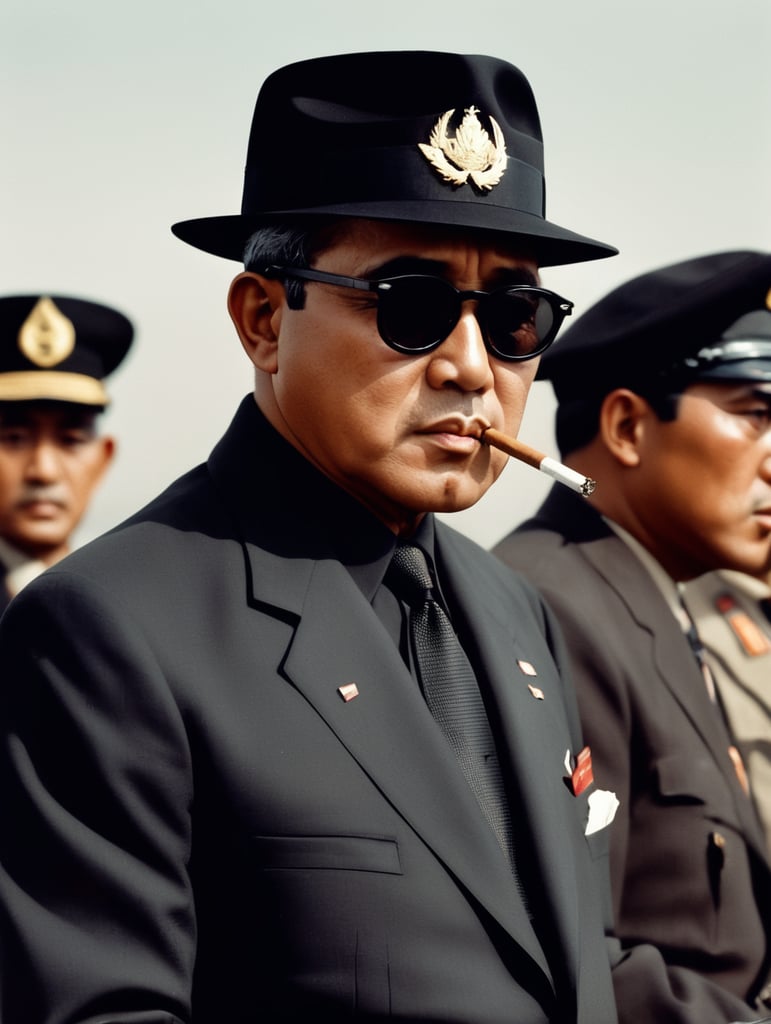 presiden soekarno menggunakan jas hitam, kacamata hitam dan peci hitam sedang merokok