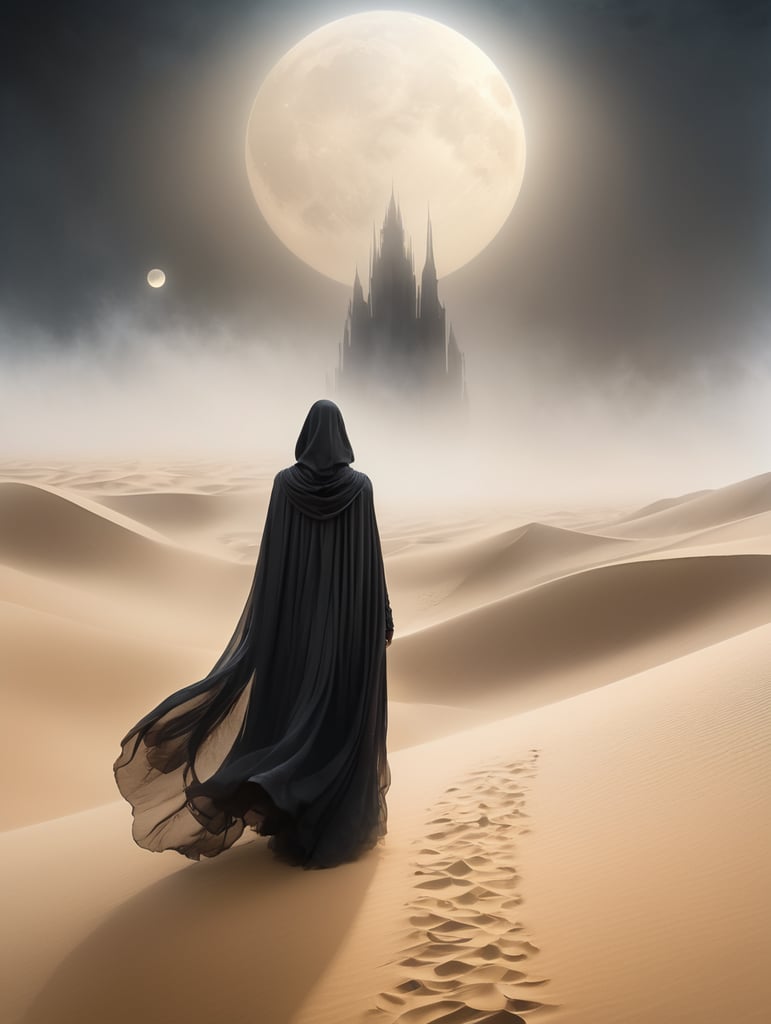 view from behind(((ethereal misty black cloaked woman figure))), clad in dark tones, advancing through a (((dunescape))) under a (rising moon), with (vast, smoldering sand dunes) reflecting an otherworldly light around its surroundings, abstract art