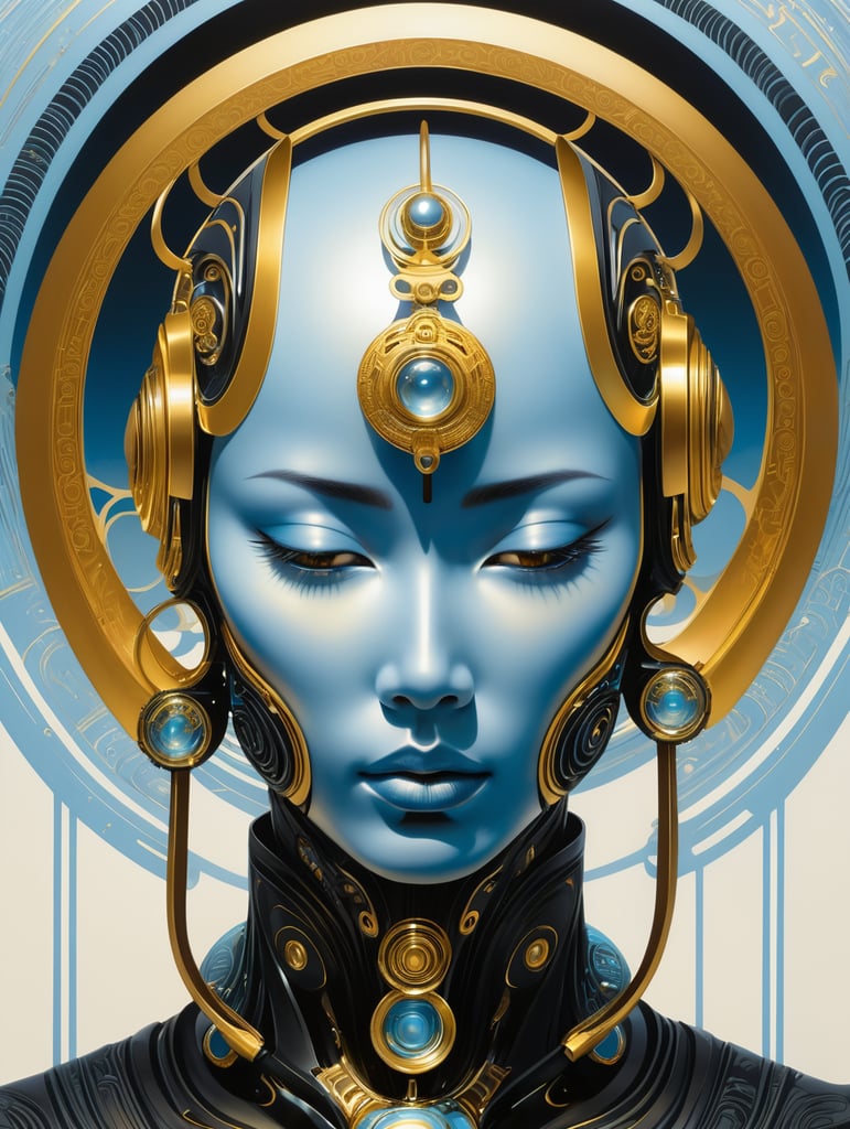 a black and gold illustration with abstract space rings and a cybernetic humanoid with a halo, in the style of yoshitoshi abe, light blue and gold, fluid lines and curves, otherworldly paintings, ritualistic masks, ultrafine detail