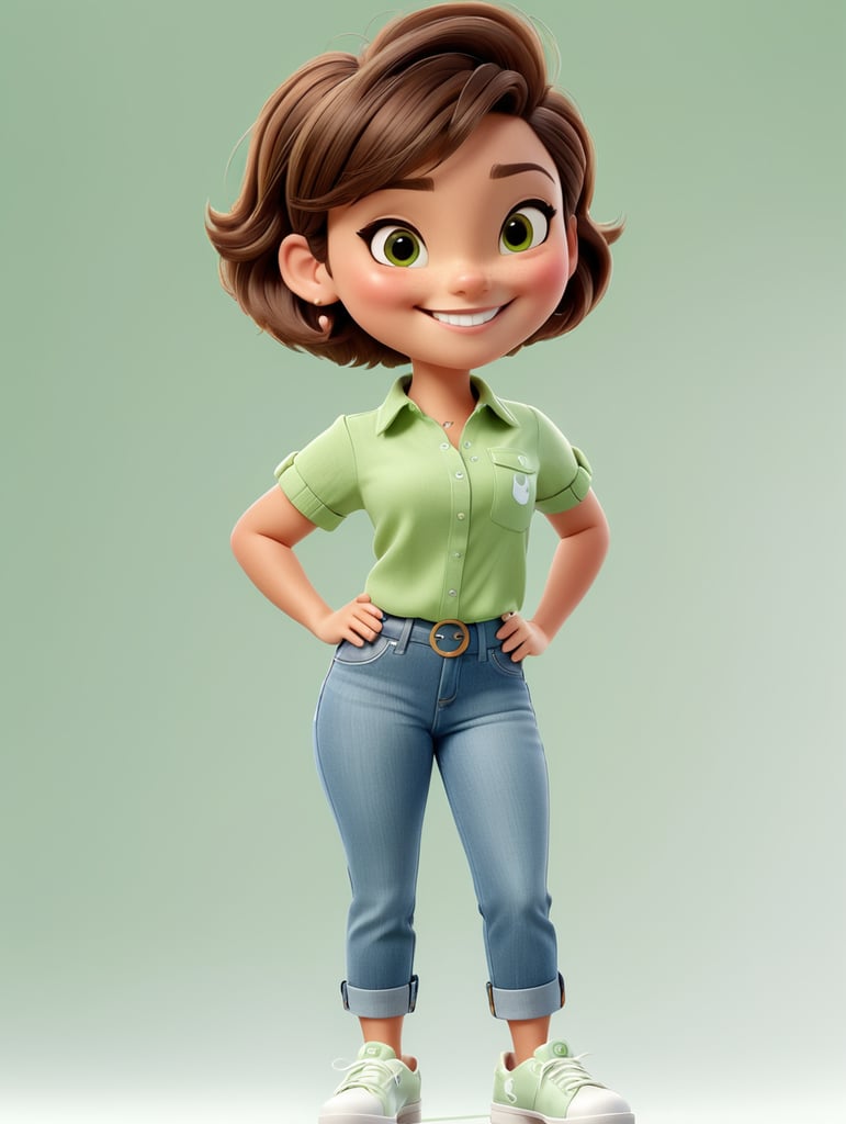 3d female brunette, short hair, denim pants, white shoes, plain green shirt, full body, plain white background, left thumbs up, smiling, Disney Pixar style