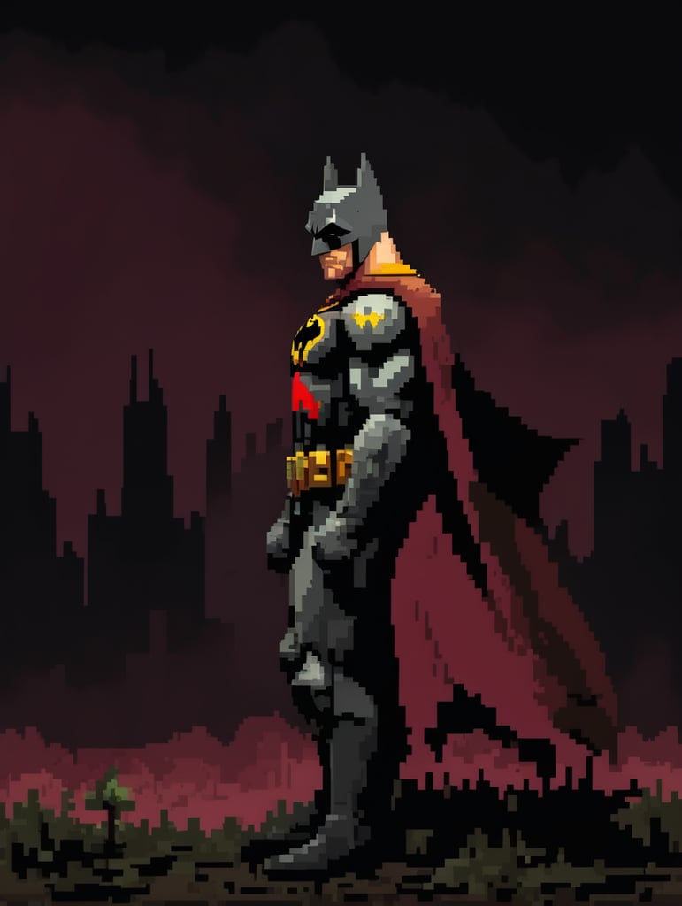 8-bit Pixel art, square bog pixels, flat colors, batman portrait, flat gray background