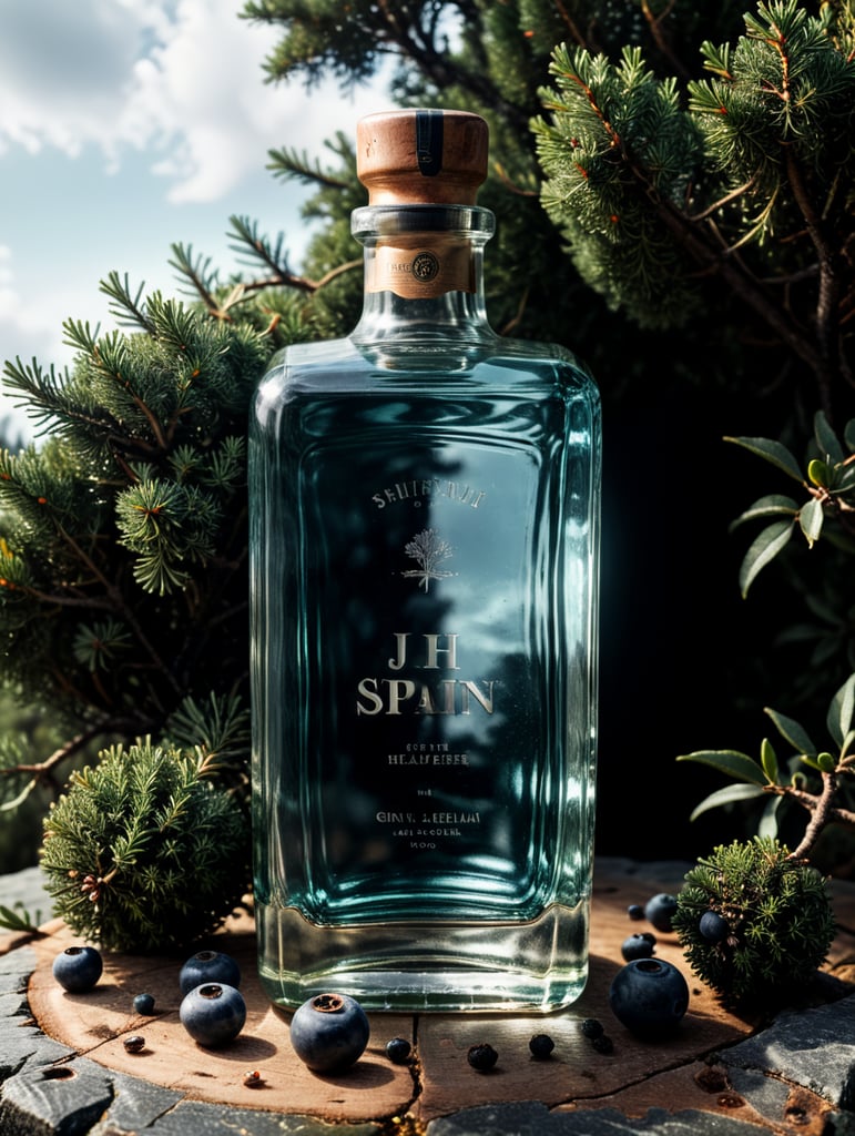 professional photography of a square gin bottle, square bottle, surrounding a juniper and juniper berries, one shot of gin in a front, no label, clear, mockup