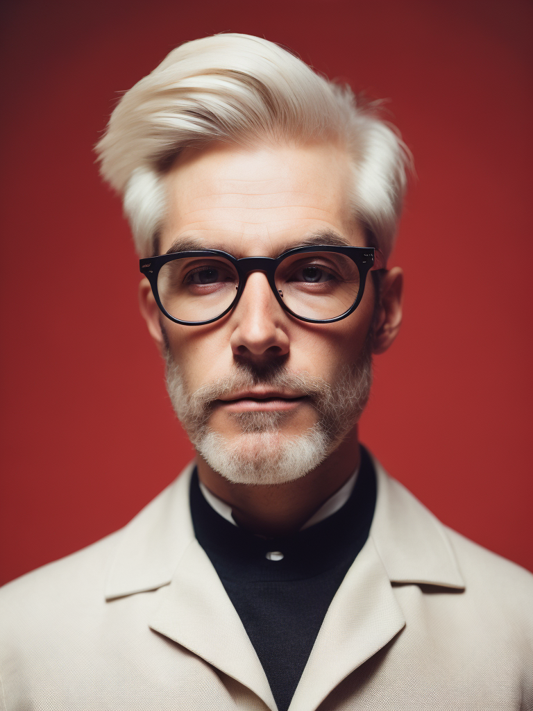 Portrait of an American man in a light suit with white hair wearing glasses with black thick rims, portrait in the style of advertising 50s, red background, sharp focus, highly detailed, vintage advertising, retro style