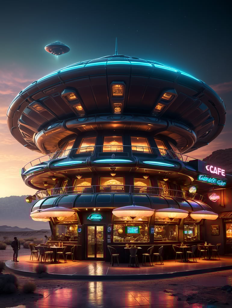 futuristic ufo cafe, desert, an night, neon, glass