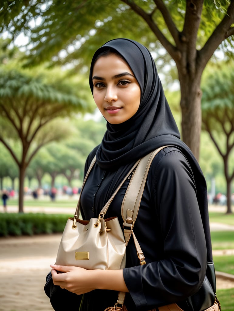 Девушка в хиджабу с сумкай на руке в парке