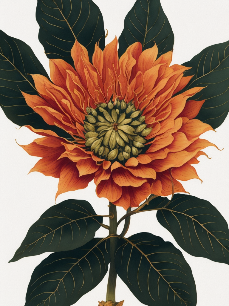 Ashoka Tree Flower, Leaves, Pod, and Seed ,Northern Renaissance,watercolor , gouache, papercraft, fading border,by Martin Schongauer and Maria Sibylla Merian