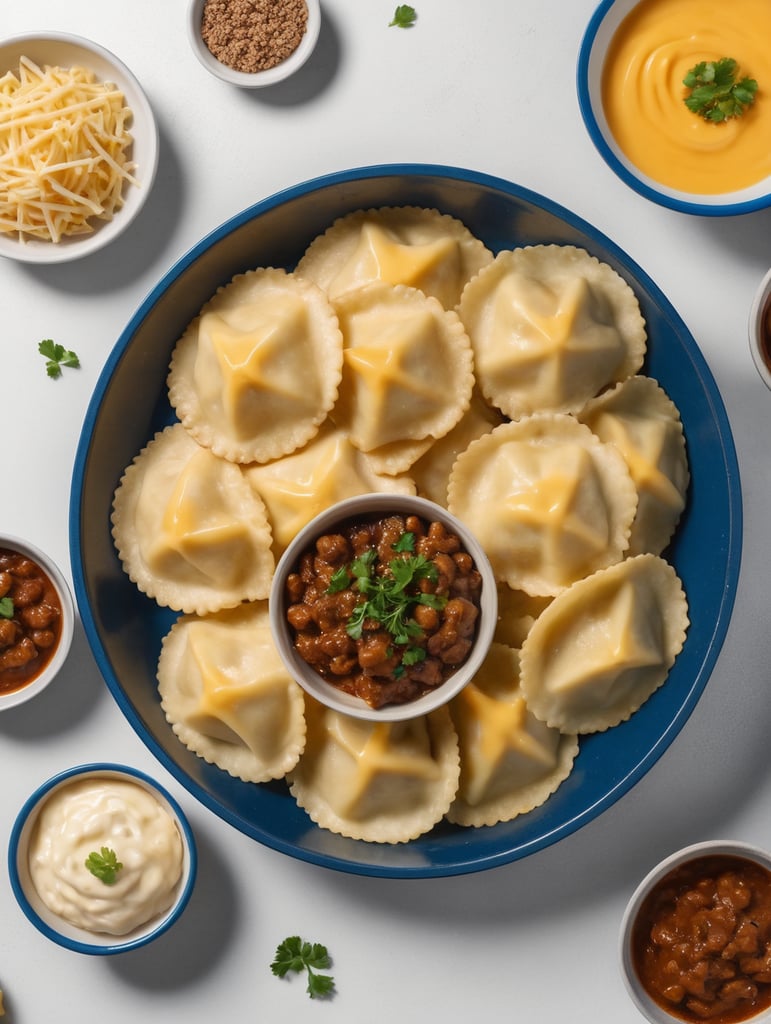 Polskie Pierogi z serem w misce z niebieskim brzegiem ułożone na stole z białych desek widziane z góry flat lay