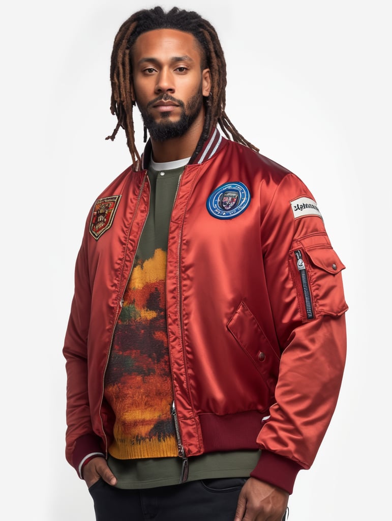 a man with dreadlocks on his head is wearing a colored jersey and a red bomber jacket