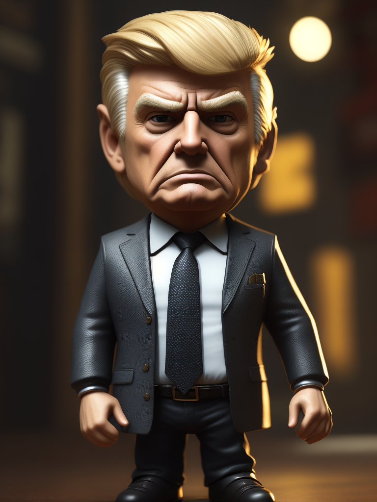 Donald Trump as jake peralta from the tv show brooklyn nine-nine, bobble, head, funko pop art, hyper detailed, professional lighting, film lighting, 35mm, 50mm, ray tracing, unreal engine 5, zbrush