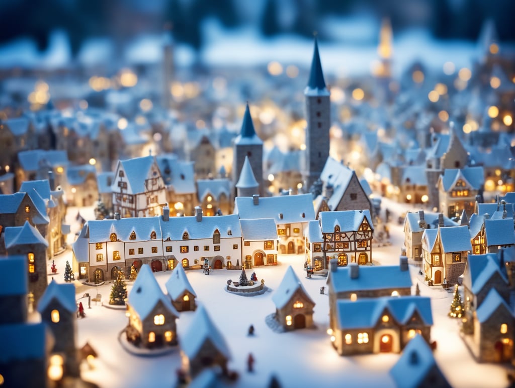 tilt shift photography of a Christmas medieval fantasy miniature city, depth of view, sunny, at night, snowy weather