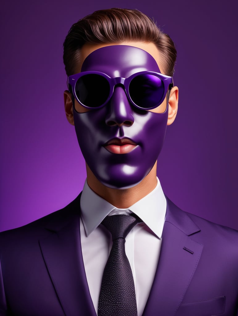 A man in a business suit with a eggplant for a head, dark purple background, sunglasses, isolated, style of James Bidgood