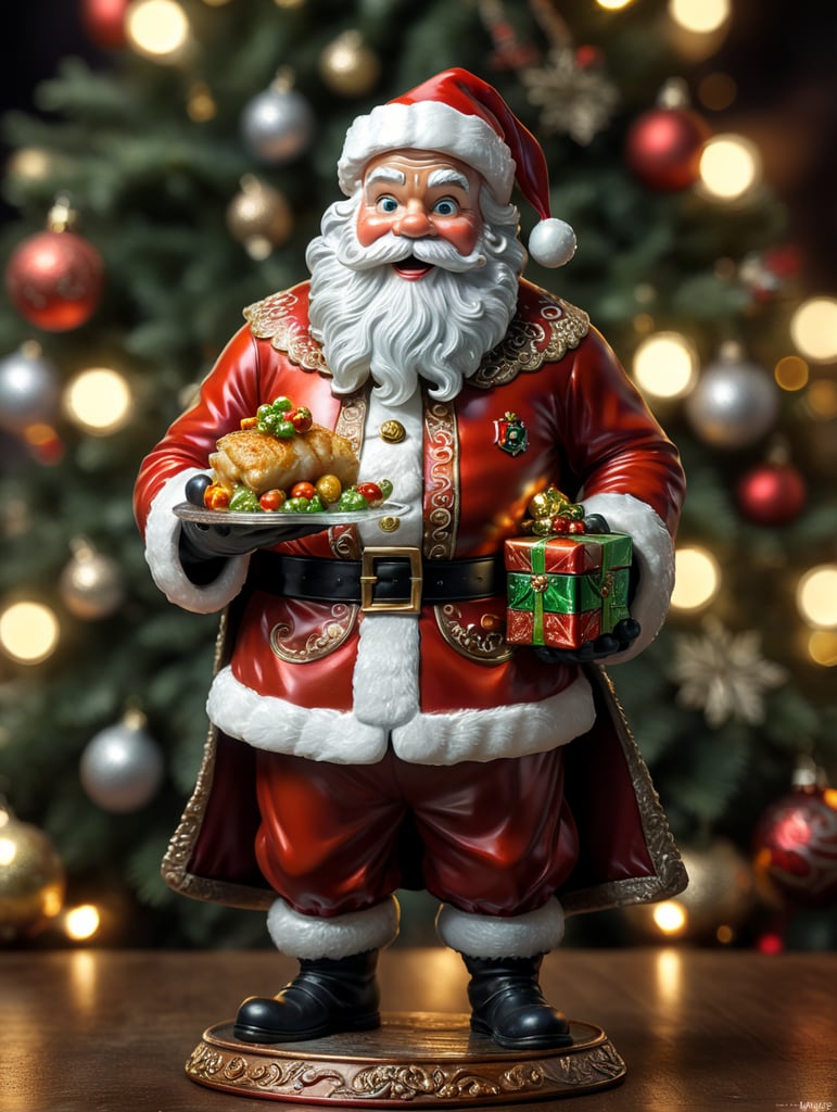 santa claus small glass glass figure, christmas toy for the christmas tree, embalagem de produtos congelados na mão esquerda, e a segurar um prato típico português de bacalhau assado.